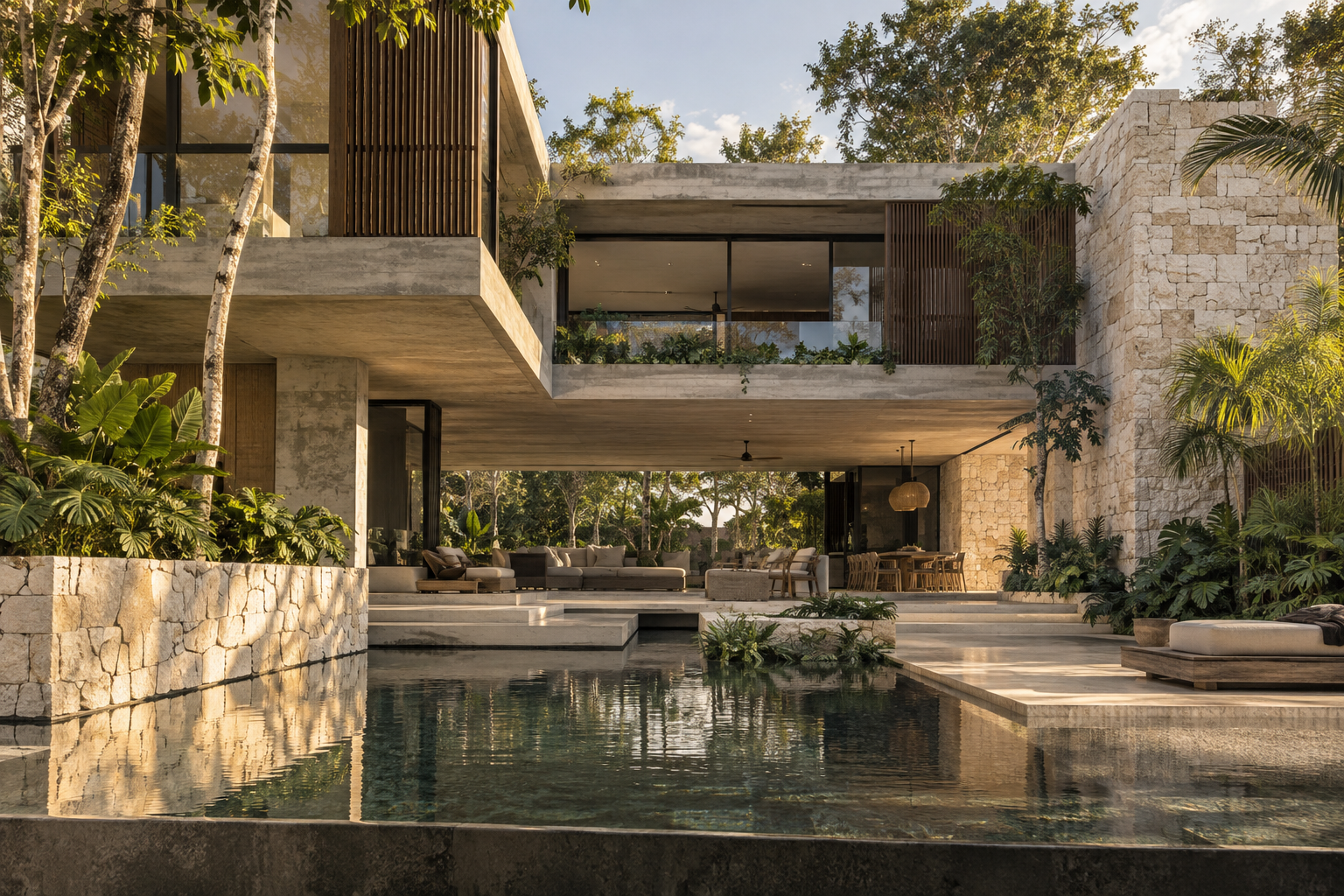 Residencia contemporánea con piedra natural, terrazas, vegetación y un espejo de agua
